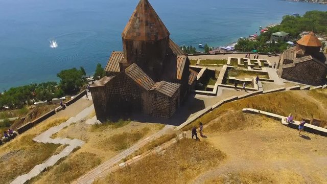 Old architecture in Armenia, aerial view of Sevanavank monastery complex