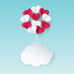 Fototapeta na wymiar Modern origami paper art background with paper clouds, bunch of red and white heart balloons. Valentine's day, wedding invitation banner