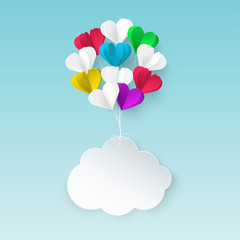 Fototapeta na wymiar Modern origami paper art background with paper cloud, bunch of colorful heart balloons. Valentine's day, wedding invitation banner