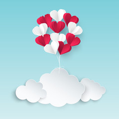 Fototapeta na wymiar Modern origami paper art background with paper clouds, bunch of red and white heart balloons. Valentine's day, wedding invitation banner