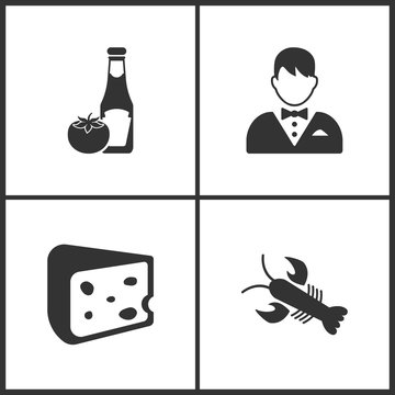 Vector Illustration Set Medical Icons. Elements of Ketchup, Waiter, Cheese and Crab icon