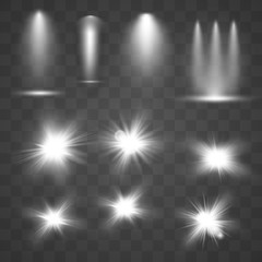 Set white beam lights of different shapes and projections gleaming effect. Stage illuminated spotlight on transparent background. Vector illustration.