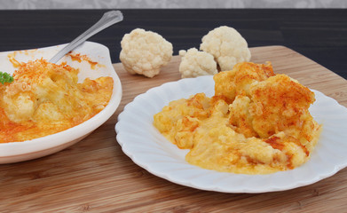 One serving of creamy cheddar cheese cauliflower.
