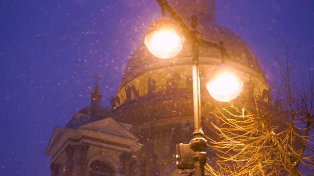 4k, night view on fragment Saint Isaac's Cathedral in Saint-Petersburg, Russia