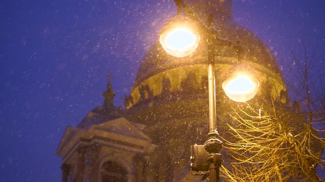 4k, night view on fragment Saint Isaac's Cathedral in Saint-Petersburg, Russia