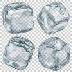 Set of realistic translucent ice cubes in gray color on transparent background. Transparency only in vector format