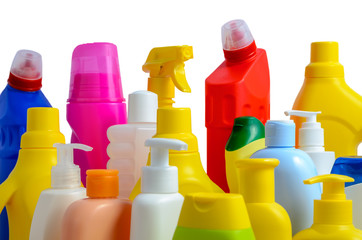 Multiple house cleaning products on white background.