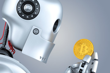 Robot looking at bitcoin coin in his hands. 3D illustration. Contains clipping path