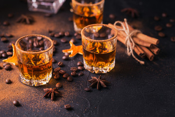 Whiskey, brandy or liquor, spices, anise stars, coffee beans, cinnamon sticks