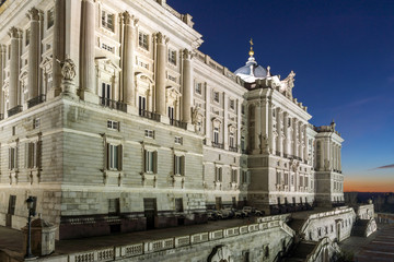 Fototapeta na wymiar Night view of the facade of the Royal Palace of Madrid, Spain