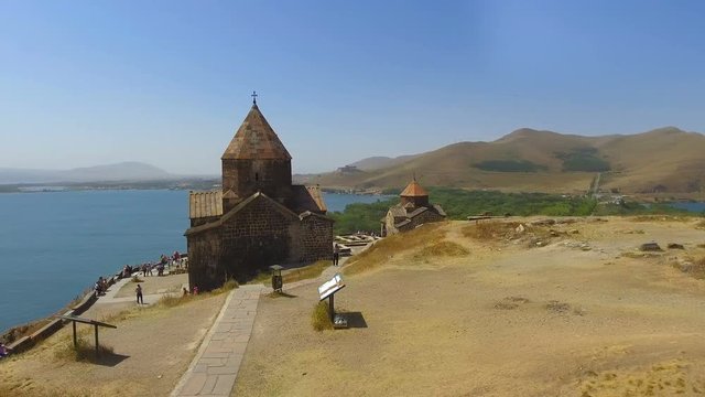 Aerial panorama of old beautiful Sevanavank monastery complex in Armenia, tour