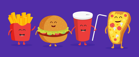 Cute fast food burger, soda, french fries and pizza