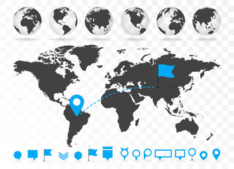 Fototapeta na wymiar World map and 3D globe set with infographics elements.