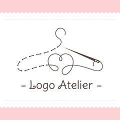 Logo for Atelier, wedding boutique, women's clothing store. Vector template of the brand for the fashion designer. Element for Studio sewing and tailoring. Stylized hanger from thread and needle