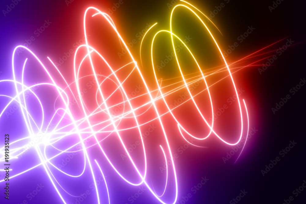 Wall mural Curved, rainbow colored glowing lines curves and circles design element