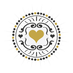 Black and golden hand drawn circle heart sign emblem icons on white background