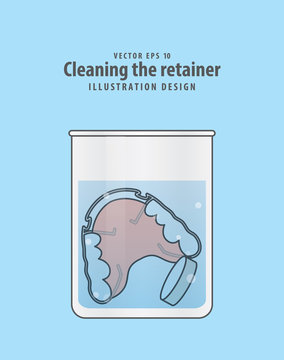 Cleaning the retainer in the glass with tablet illustration vector on blue background. Dental concept.