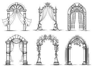 Wedding arches sketch. Vintage ink doodle arch entrance set for marriage ceremony vector illustration - obrazy, fototapety, plakaty