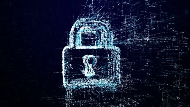 Padlock icon consisting of interactive digit and symbol. Padlock icon in digital cyber space