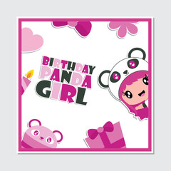 Cute panda girl and birthday ornaments frame vector cartoon illustration for happy birthday card design, postcard, and wallpaper