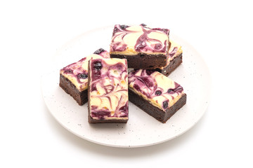 blueberry cheese brownies on white background