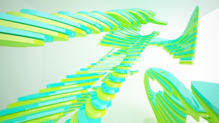 Abstract white and colored gradient parametric interior with window. 3D illustration and rendering.