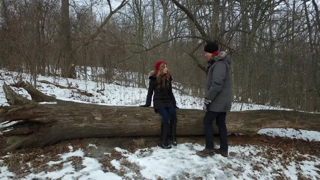 Woman gets Proposal from Man in Winter Forest