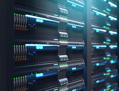 super computer server racks in datacenter. 3d illustration