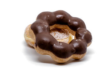 Delicious doughnut, a small fried cake of sweetened dough on white background