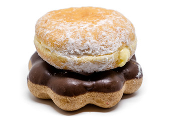 Delicious doughnut, a small fried cake of sweetened dough on white background