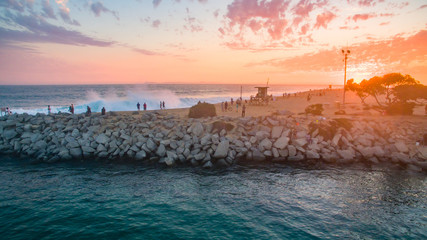 Aerial view of The Wedge surfing spot in Newport Beach, Orange County, California