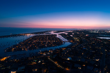 Aerial view of Balboa Island in Newport Beach at twilight