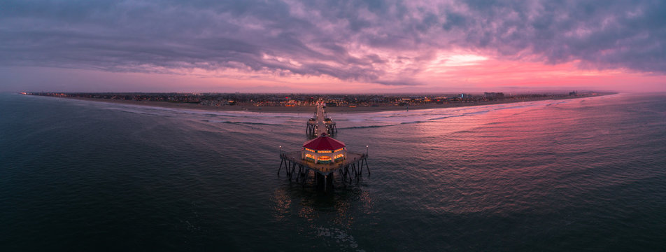 Aerial View Of Huntington Beach Pier In Huntington Beach, California At Sunrise