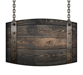 Medieval wood barrel signboard for restaurant hanging on chains isolated 3d illustration