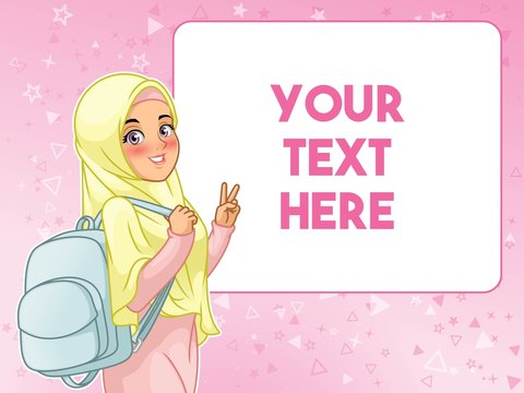 Young muslim woman student cheerful holding backpack and showing peace gesture, cartoon character design, against pink background, vector illustration.