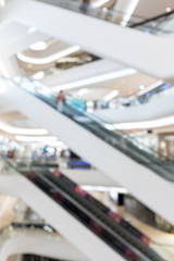 abstract blur and defocused escalstors in modern shopping mall or department store interior for background