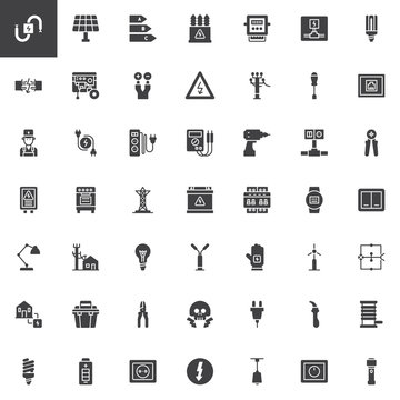 Electrician elements vector icons set, modern solid symbol collection, filled style pictogram pack. Signs, logo illustration. Set includes icons as wire, high voltage, electric meter, power supply