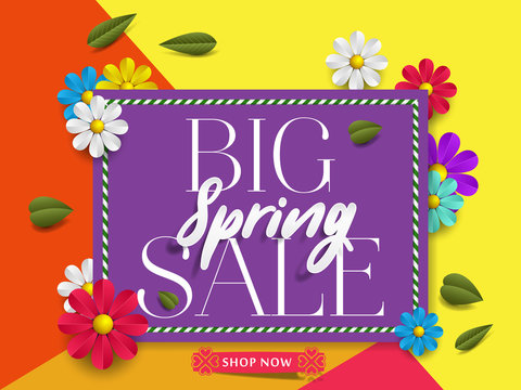 Big spring sale background with beautiful colorful flower. Vector illustration. Wallpaper. flyers, posters, brochure, voucher discount. Spring sale banner with paper flowers for online shopping.
