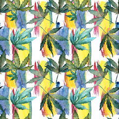 Fototapeta na wymiar Cannabis leaves pattern in a watercolor style. Aquarelle wild leaf for background, texture, wrapper pattern, frame or border.