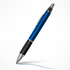 Blue tilt pen with writing line on paper, isolated white. Vector