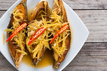 Deep fried fish with ginger and soy sauce