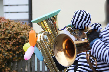Music groups with different music instruments at a carnival train in Bavaria
