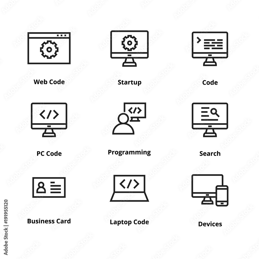 Poster 9 development thin line icons. icons for user interface and web