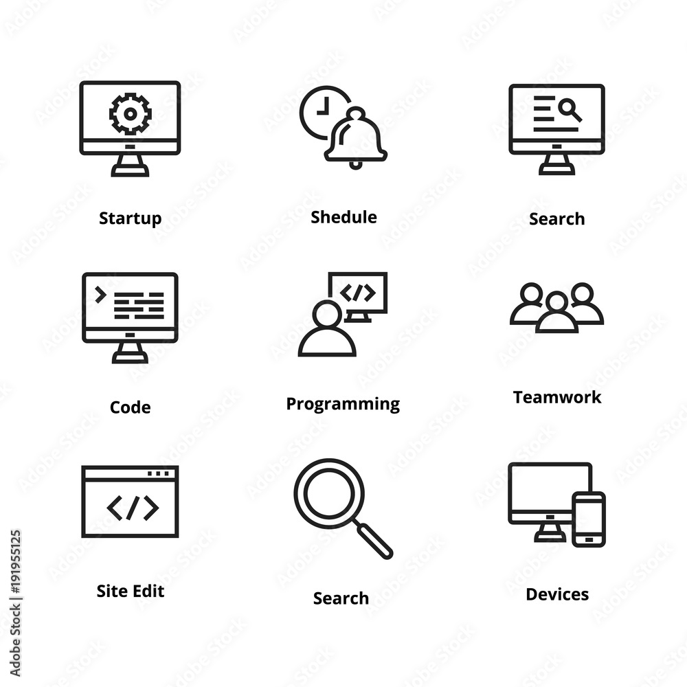 Poster 9 development thin line icons. icons for user interface and web