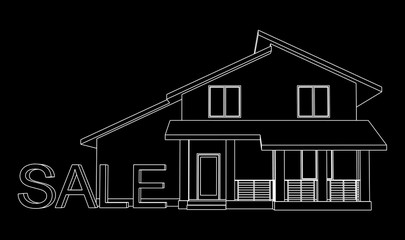 Home For Sale. Real estate concept. Vector architectural background. Suburban house 3D model on black background.