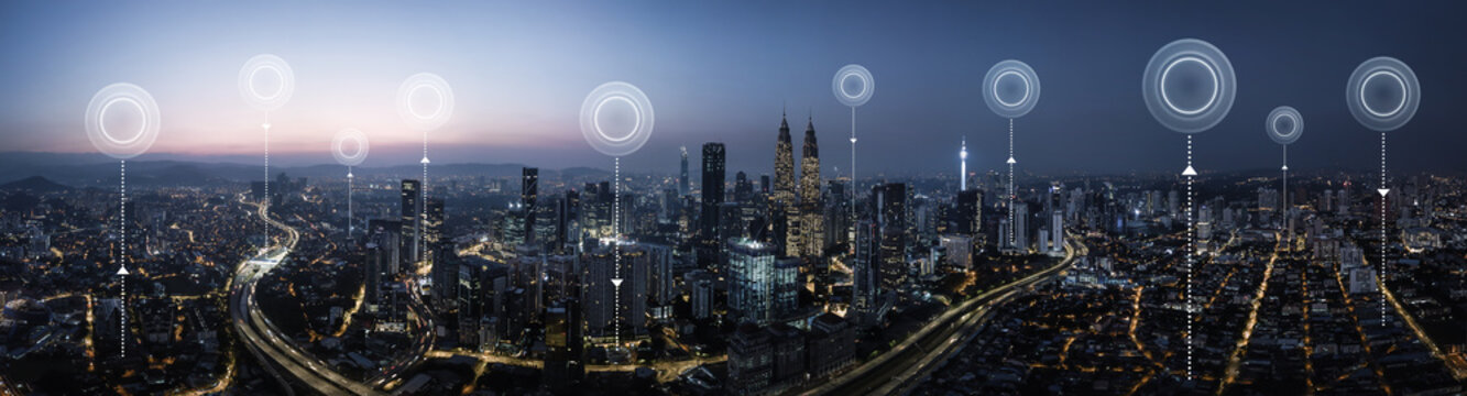 Panorama aerial view in the  cityscape skyline  with network connection concept , early morning sunrise scene .
