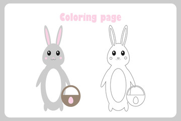 Bunny in cartoon style, coloring page, easter education paper game for the development of children, kids preschool activity, printable worksheet, vector illustration