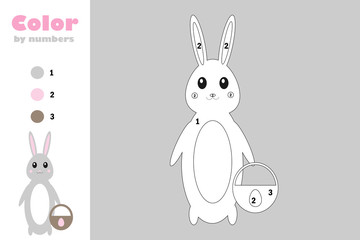 Bunny in cartoon style, color by number, easter education paper game for the development of children, coloring page, kids preschool activity, printable worksheet, vector illustration