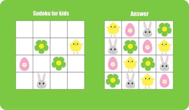 Sudoku game with easter pictures (egg, bunny, chick) for children, easy level, education game for kids, preschool worksheet activity, task for the development of logical thinking, vector illustration