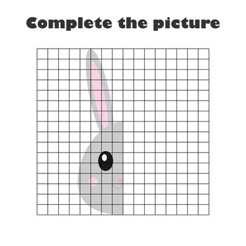 Complete the picture, easter bunny in cartoon style, drawing skills training, educational paper game for the development of children, kids preschool activity, printable worksheet, vector illustration